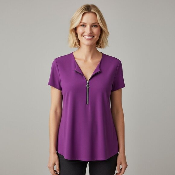 Joseph Ribkoff Purple Zip Front Short Sleeve Jersey Top Size 6 - Picture 1 of 6